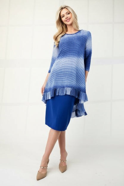 Blue Celeste Clothing high-low ombre 3/4 sleeve top with a modest fit, featuring a stylish hi-lo hem and soft fabric.