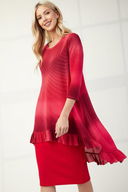 Blue Celeste Clothing high-low ombre top with 3/4 sleeves, featuring a modest, flowy design and stylish hi-lo hem.