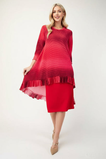 Blue Celeste Clothing high-low ombre 3/4 sleeve top, featuring a modest design with a flowing, stylish silhouette.