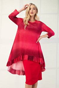 Blue Modest High-Low Hi-Lo Ombre Top by Celeste Clothing with 3/4 sleeves, flowing hem, and stylish ombre design.