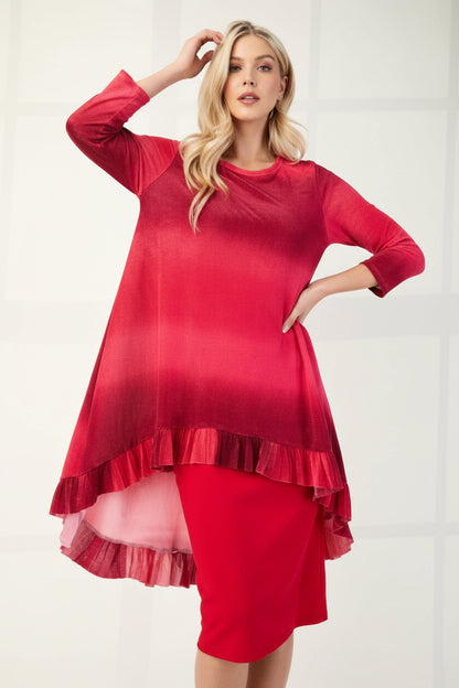 Blue Modest High-Low Hi-Lo Ombre Top by Celeste Clothing with 3/4 sleeves, flowing hem, and stylish ombre design.