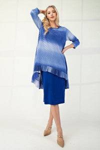 Blue modest high-low ombre 3/4 sleeve top by Celeste Clothing featuring a flowy, stylish hi-lo hem and relaxed fit.