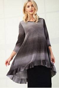 Blue modest high-low ombre 3/4 sleeve top by Celeste Clothing, featuring a flowy hem and stylish silhouette.