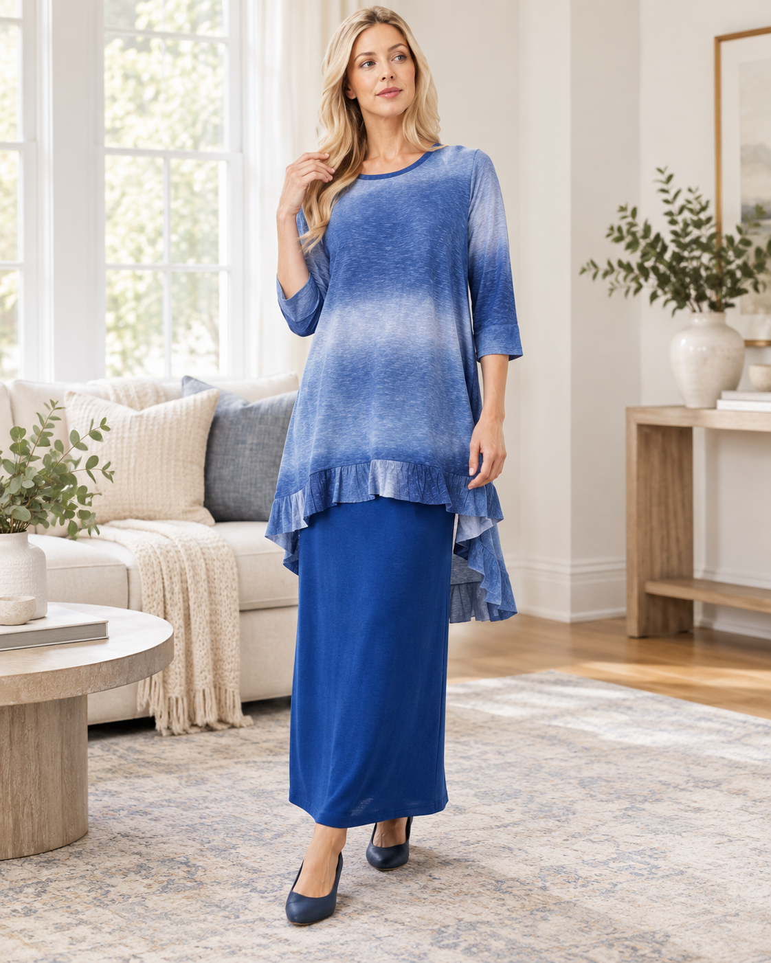 Blue Modest High-Low Ombre Top by Celeste Clothing, 3/4 sleeve design, flowing style with gradient color transition.
