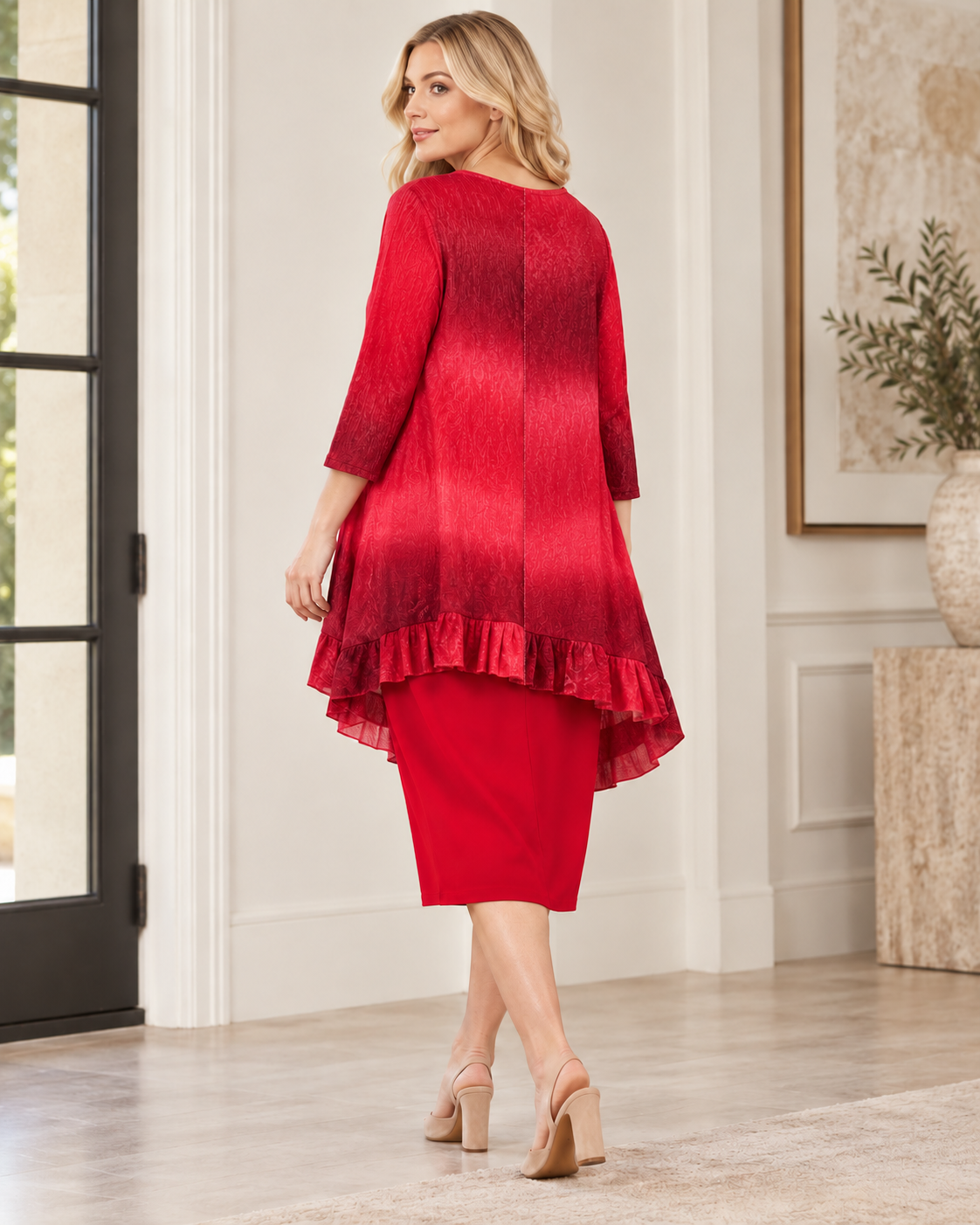 Celeste Clothing modest high-low ombre 3/4 sleeve top with flowing hem and soft fabric, stylish and comfortable for everyday wear.