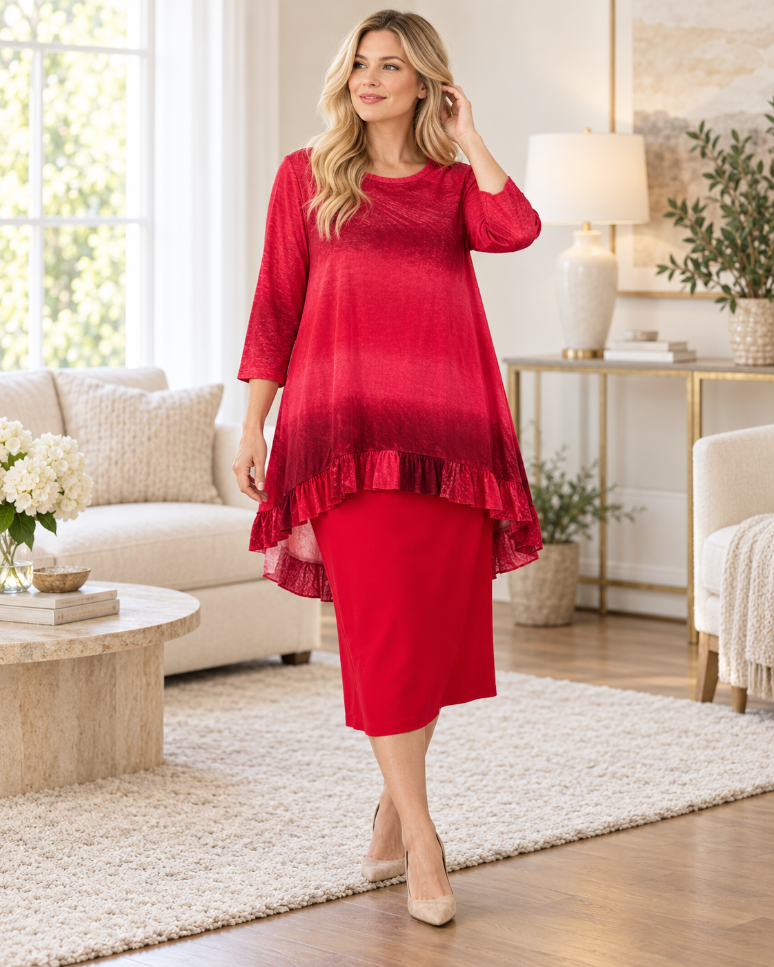 Celeste Clothing modest high-low ombre 3/4 sleeve top with flowing hem and stylish design, perfect for casual or dressy wear.