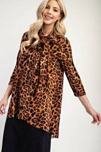 Leopard print bow-tie A-line modest top with 3/4 sleeves by Celeste Clothing, featuring a stylish and comfortable design.