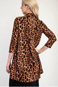 Leopard print bow-tie A-line modest top with 3/4 sleeves by Celeste Clothing, styled with a flattering fit and elegant design.