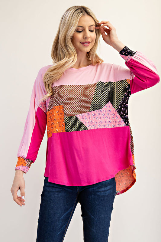 Pink patchwork colorblock 3/4 sleeve top by Celeste Clothing, featuring a stylish and casual design.
