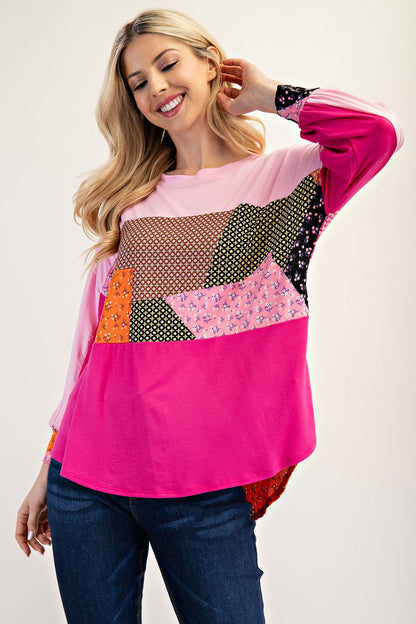 Pink colorblock patchwork 3/4 sleeve top by Celeste Clothing, featuring a stylish design and comfortable fit.