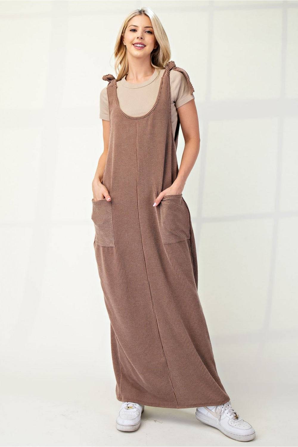 Mocha Urban Rib Stretch Knit Overall Dress by Celeste Clothing, shown on a model with a relaxed fit and ribbed knit texture.