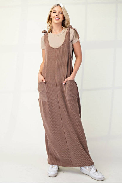 Mocha Urban Rib Stretch Knit Overall Dress by Celeste Clothing, shown on a model with a relaxed fit and ribbed knit texture.