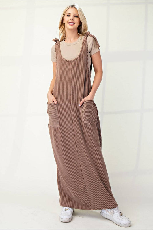 Mocha Urban Rib Stretch Knit Overall Dress by Celeste Clothing, shown on a model with a relaxed fit and ribbed knit texture.