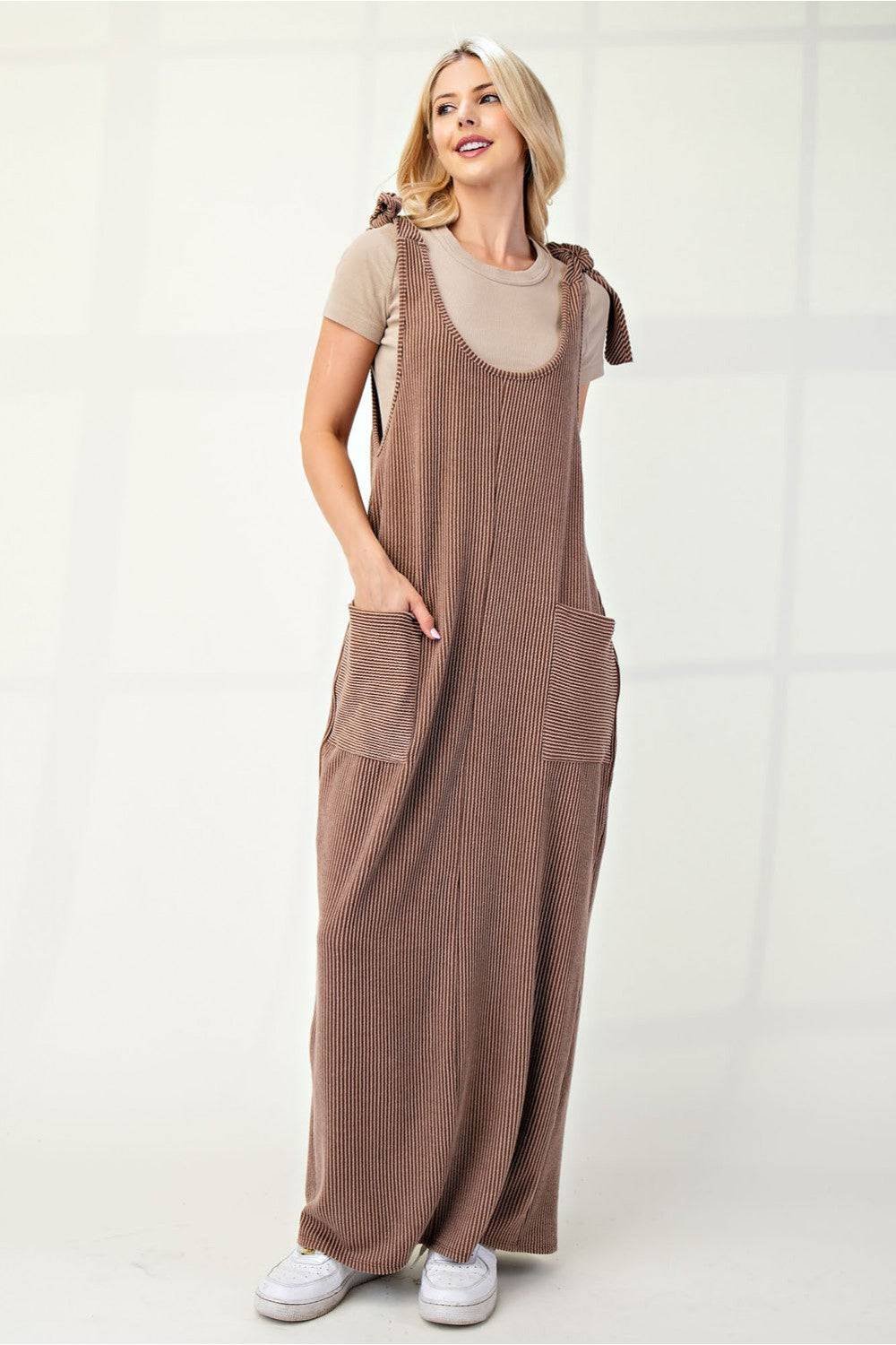Mocha Urban Rib Stretch Knit Overall Dress by Celeste Clothing, featuring a fitted, ribbed knit design and casual overall style.