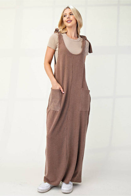 Mocha Urban Rib Stretch Knit Overall Dress by Celeste Clothing, featuring a fitted, ribbed knit design and casual overall style.