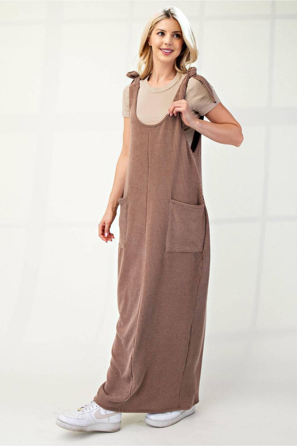 Mocha Urban Rib Stretch Knit Overall Dress by Celeste Clothing, featuring a fitted ribbed knit design and adjustable straps.