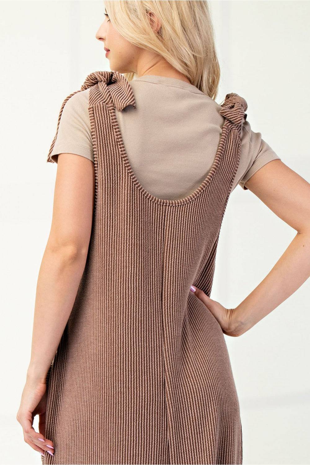 Mocha Urban Rib Stretch Knit Overall Dress by Celeste Clothing, featuring a fitted design and ribbed knit fabric.