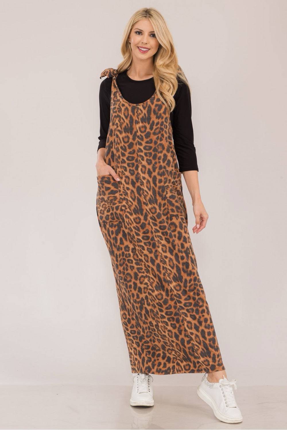 Mocha Urban Rib Stretch Knit Overall Dress by Celeste Clothing, casual fit with ribbed knit fabric and adjustable straps.