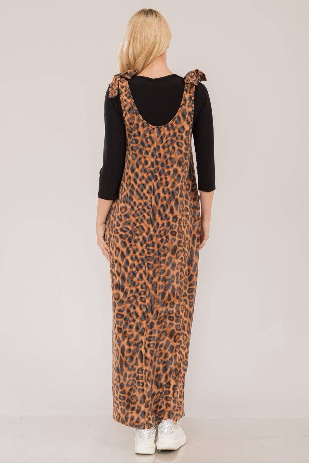 Mocha Urban Rib Stretch Knit Overall Dress by Celeste Clothing featuring a fitted, ribbed knit design and casual style.