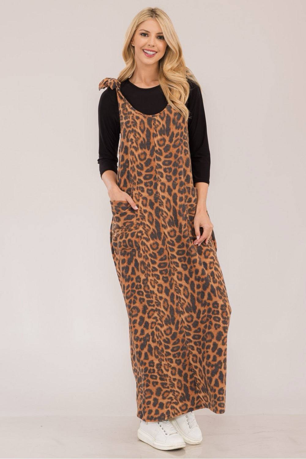 Mocha Urban Rib Stretch Knit Overall Dress by Celeste Clothing, featuring a fitted, ribbed knit design and casual style.