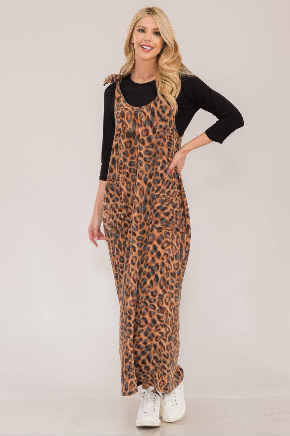 Mocha Urban Rib Stretch Knit Overall Dress by Celeste Clothing, shown on a model, featuring a fitted ribbed knit design and classic overall style.