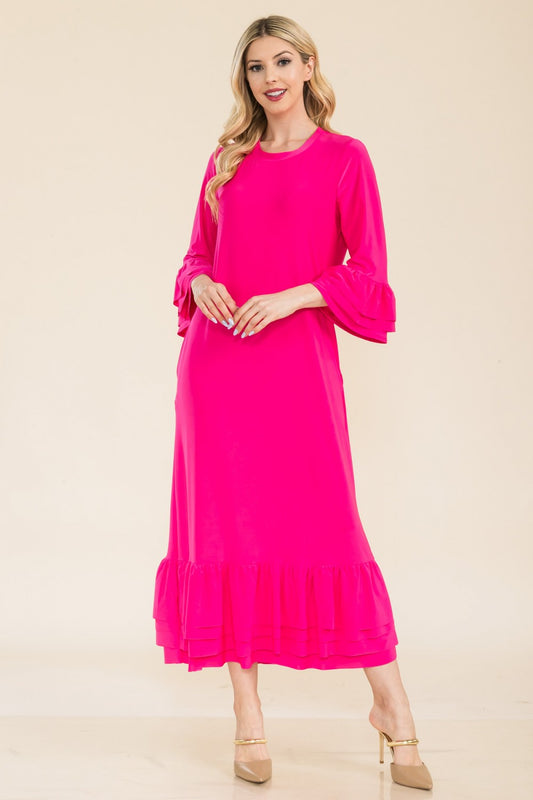 Pink plus-size modest 3/4 sleeve dress with ruffle bell sleeves from Celeste Clothing, featuring a stylish and comfortable design.