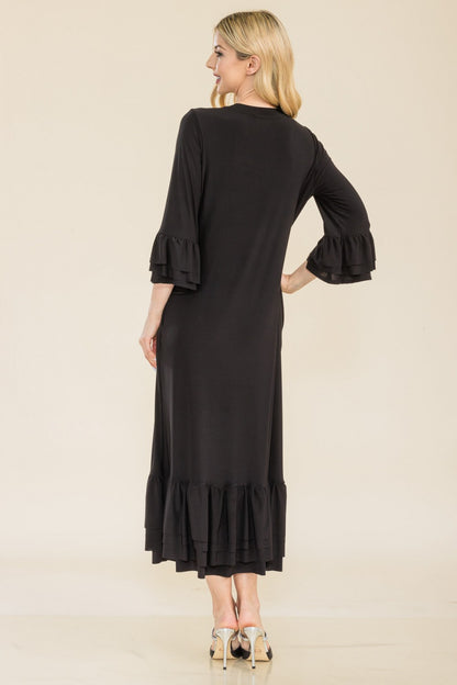 Plus size pink modest 3/4 sleeve dress with ruffle bell sleeves from Celeste Clothing, featuring a stylish and comfortable design.