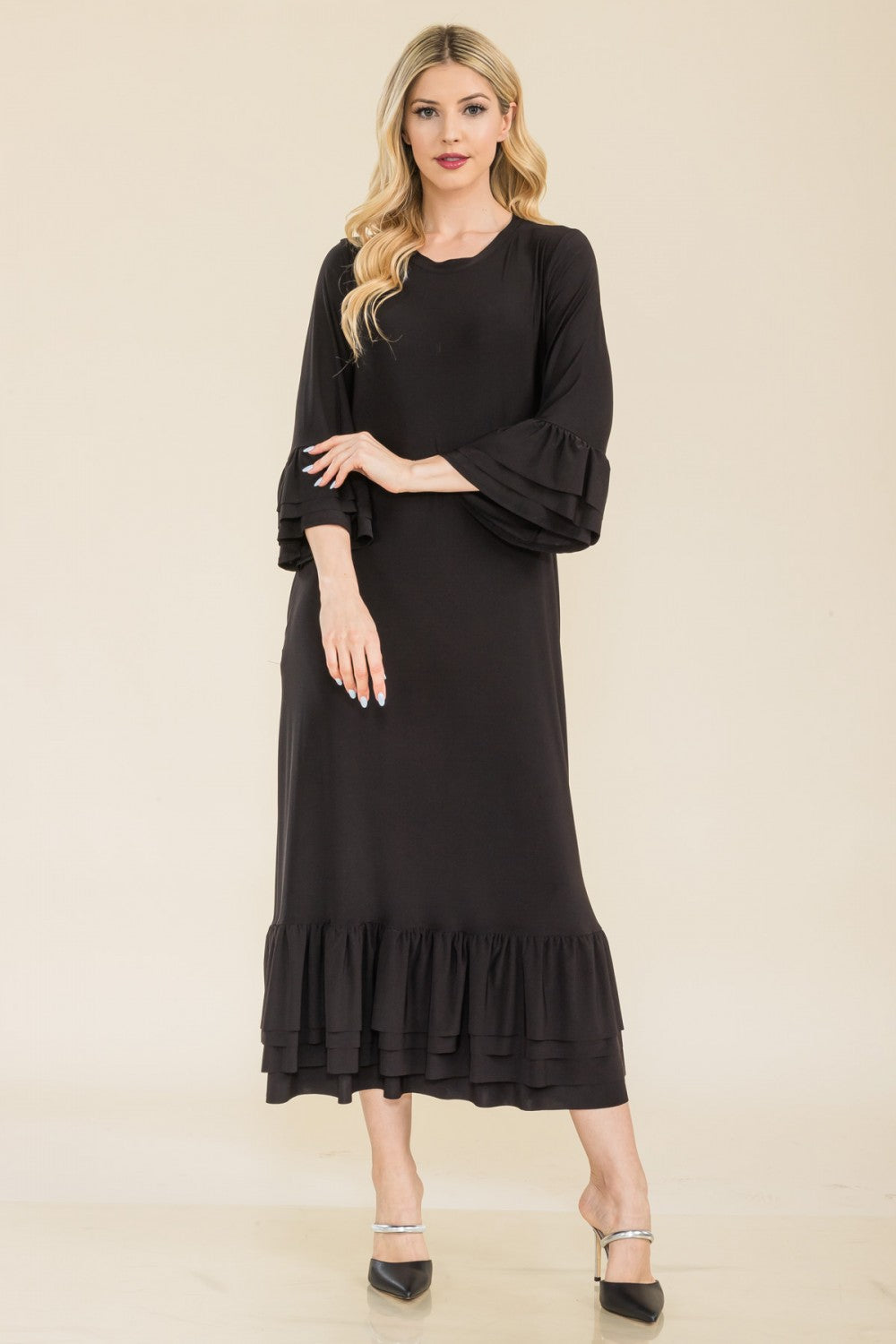 Plus size Celeste modest 3/4 sleeve dress with ruffle bell sleeves, pink color, perfect for a stylish, modest look.