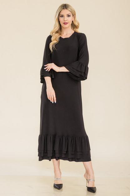 Plus size Celeste modest 3/4 sleeve dress with ruffle bell sleeves, pink color, perfect for a stylish, modest look.