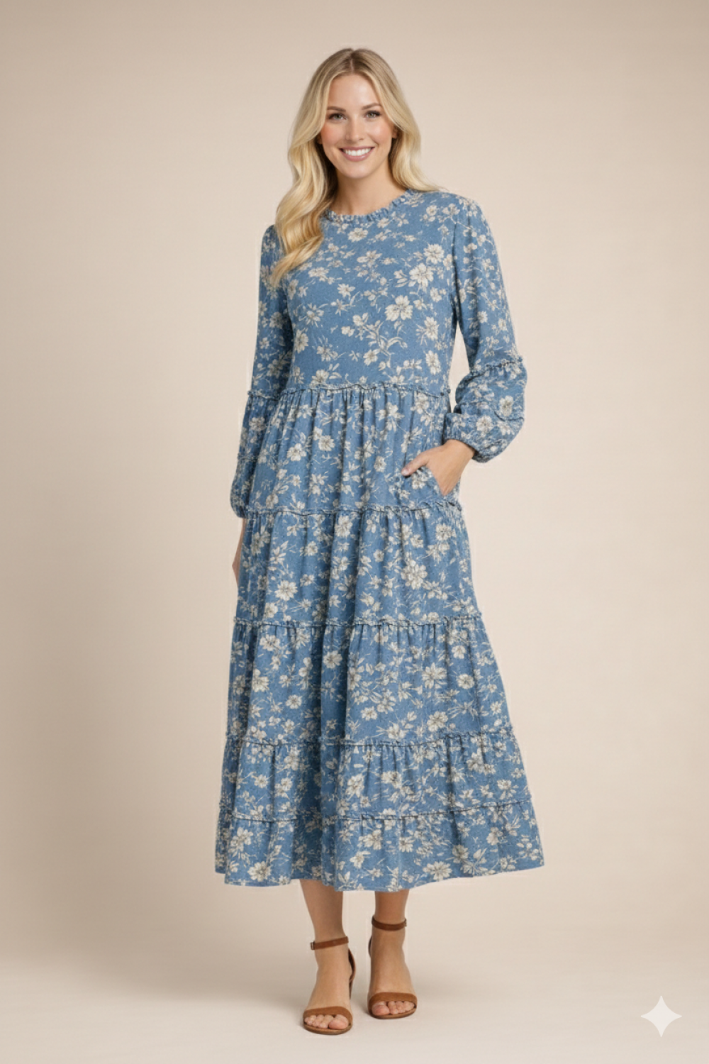 Celeste Clothing mauve floral tiered dress with pockets, perfect for any occasion, featuring a modest design and comfortable fit.