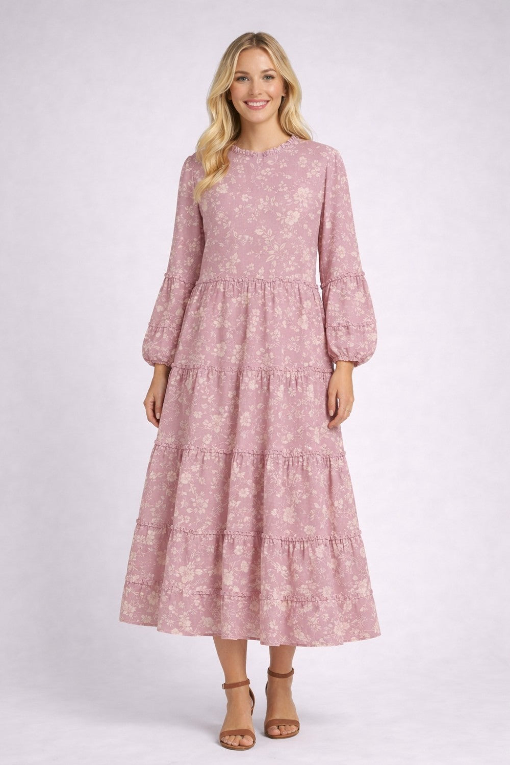 Celeste Clothing mauve modest floral tiered dress with pockets, perfect for any occasion, featuring a relaxed fit and elegant design.