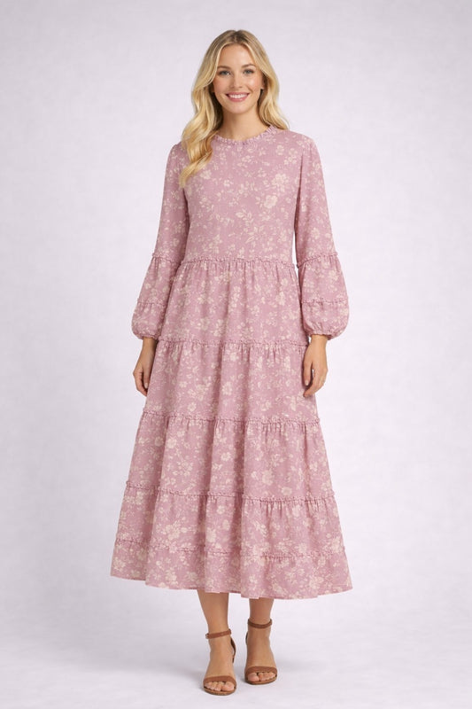 Celeste Clothing mauve modest floral tiered dress with pockets, perfect for any occasion, featuring a relaxed fit and elegant design.