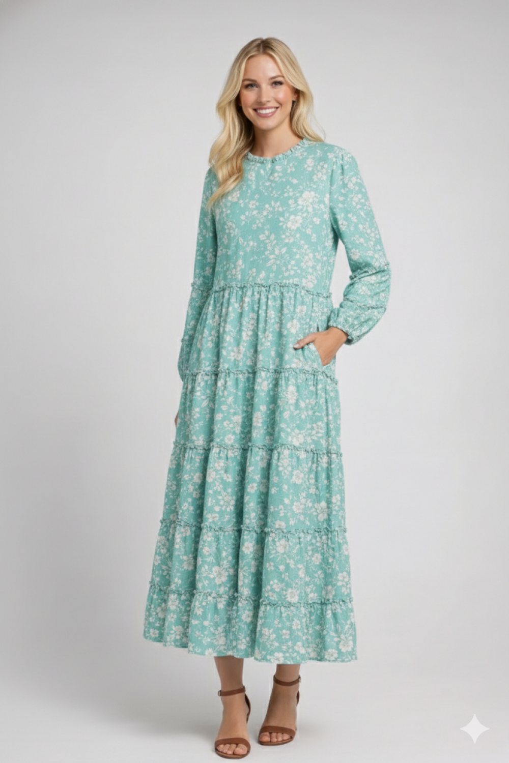Celeste Clothing mauve floral tiered dress with pockets, modest style, perfect for any occasion, featuring a relaxed fit and feminine design.