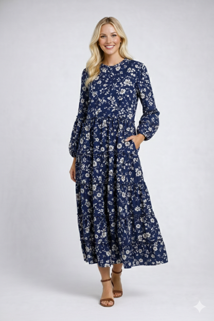 Mauve modest floral tiered dress with pockets by Celeste Clothing, perfect for everyday wear and special occasions.