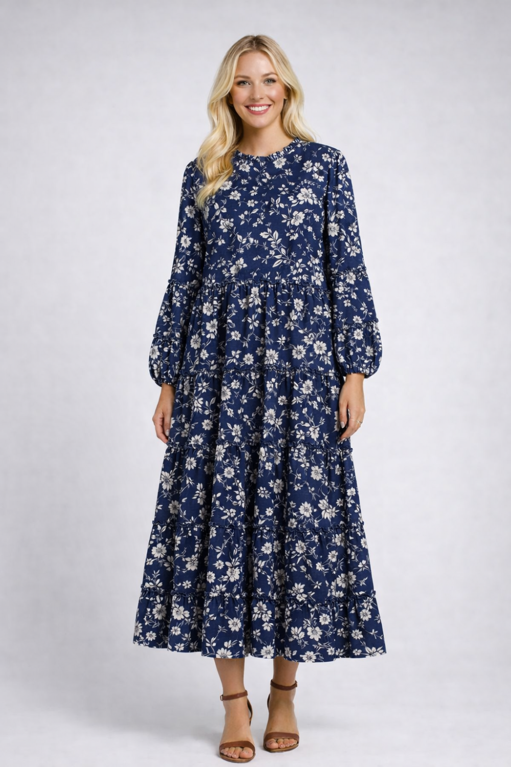 Celeste Clothing mauve modest floral tiered dress with pockets, perfect for any occasion, styled with a relaxed fit and feminine details.