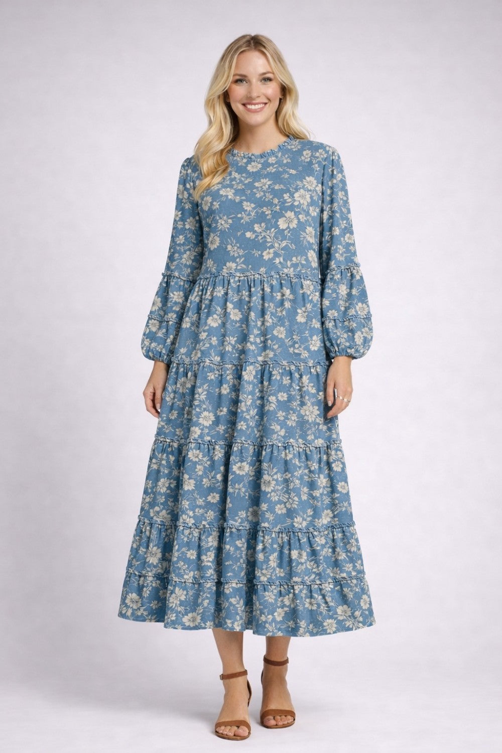 Mauve modest floral tiered dress with pockets by Celeste Clothing, featuring a flowy design for all occasions.