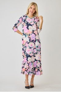 Navy watercolor floral tiered ruffle dress with pockets by Celeste Clothing, perfect for summer, featuring a feminine floral print.
