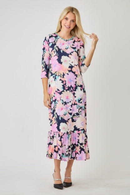 Navy watercolor floral tiered ruffle dress with pockets by Celeste Clothing, perfect for summer, featuring a feminine floral print.