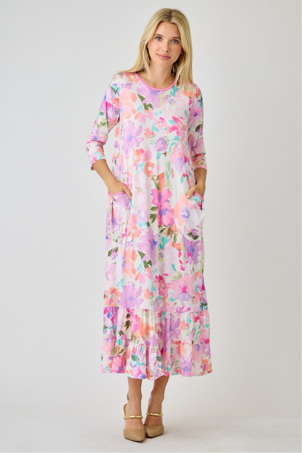 Navy watercolor floral tiered ruffle dress with pockets from Celeste Clothing, perfect for summer, featuring a flowy design and floral pattern.