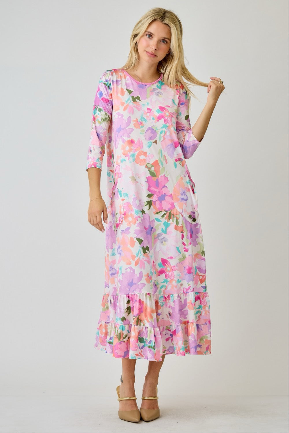 Navy watercolor floral tiered ruffle dress with pockets by Celeste Clothing, featuring summer floral print and flowy design