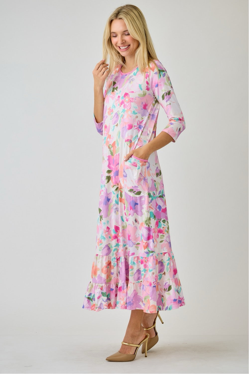 Navy watercolor floral tiered ruffle dress with pockets by Celeste Clothing, featuring summer floral design and lightweight fabric.