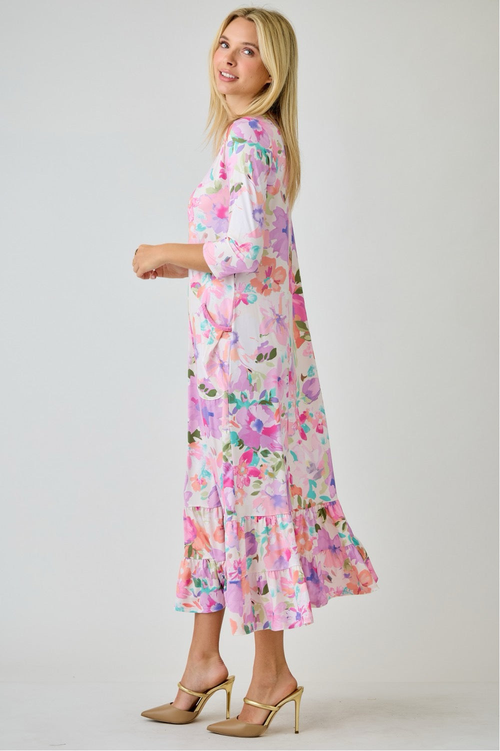 Navy watercolor floral tiered ruffle dress with pockets from Celeste Clothing, perfect for summer.