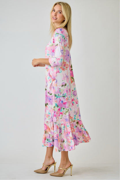 Navy watercolor floral tiered ruffle dress with pockets from Celeste Clothing, perfect for summer.