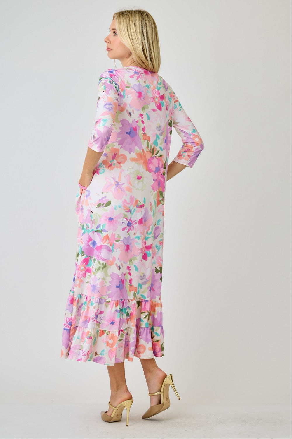 Navy watercolor floral tiered ruffle dress with pockets from Celeste Clothing, perfect for summer, featuring a feminine floral design and ruffles.