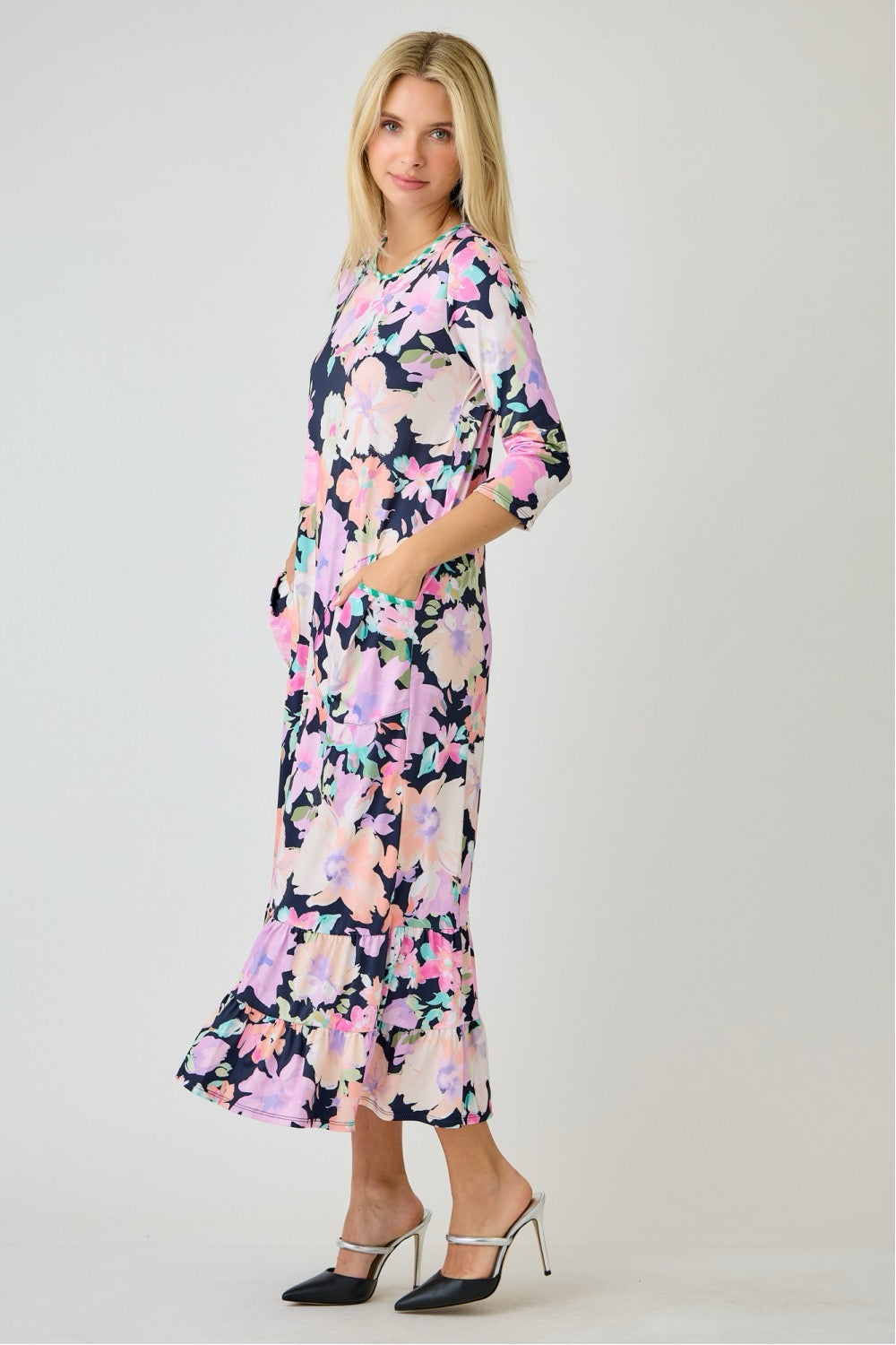 Navy watercolor floral tiered ruffle dress with pockets by Celeste Clothing, perfect for summer, featuring a feminine design.