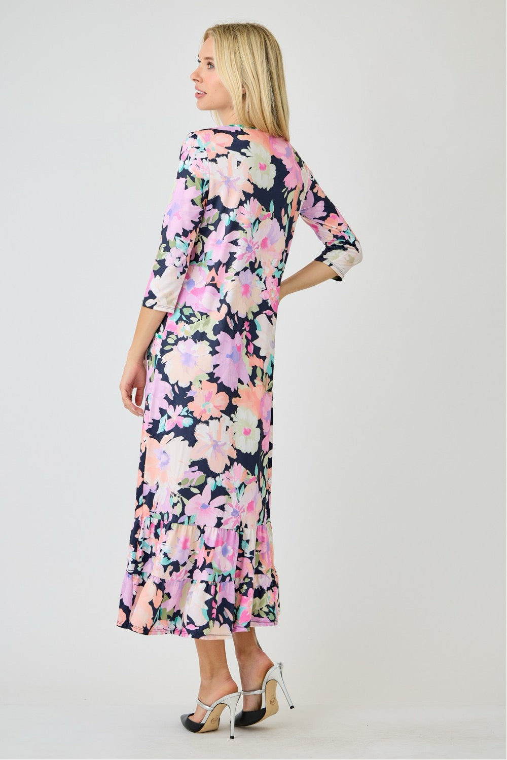Navy watercolor summer floral tiered ruffle dress with pockets by Celeste Clothing, featuring a flowy design and floral print.