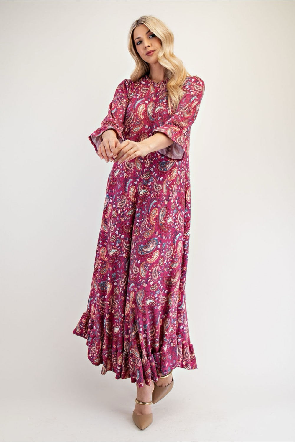 Celeste full-size navy paisley dress with ruffle hem and round neckline, featuring a stylish, flowy design.