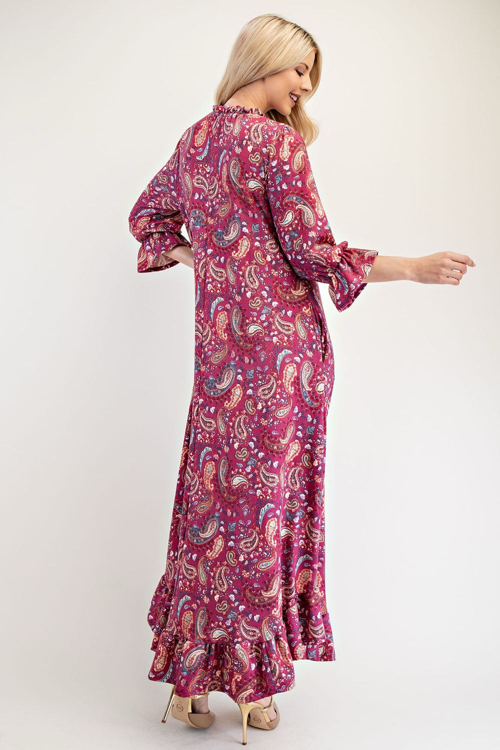 Celeste full-size navy paisley dress with ruffle hem and round neckline, featuring a stylish paisley pattern and comfortable fit.