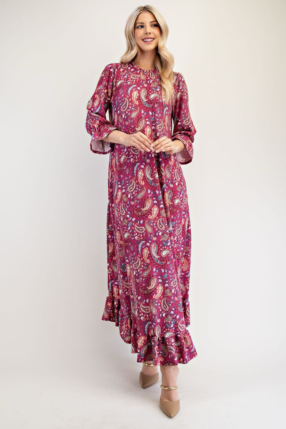 Navy paisley full-size dress by Celeste Clothing with ruffle hem and round neckline, displayed on a hanger.