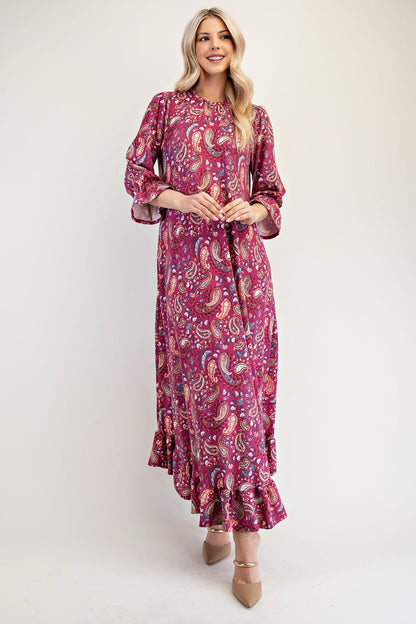 Navy paisley full-size dress by Celeste Clothing with ruffle hem and round neckline, displayed on a hanger.